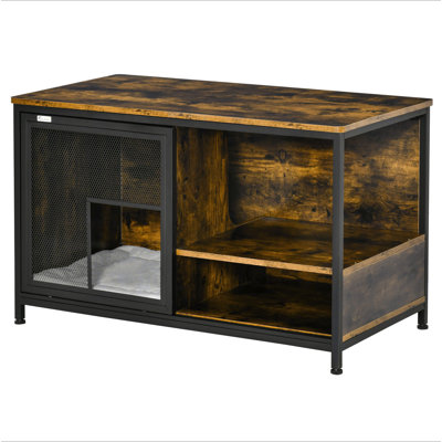 PawHut Cat Kennel, Furniture Style Dog Cage, Wood & Steel End Table Pet House with Cushion and Sliding Doors