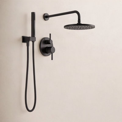 Modern 14 Series Round Rain Shower System Faucet Set, Rainfall Matte Black Shower Head and Handle Set, Valve Trim Kit, 10 Inch, Matte Black