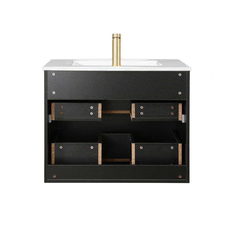 Meuble-lavabo mural cannelé noir 30 po avec comptoir simple en céramique blanche
