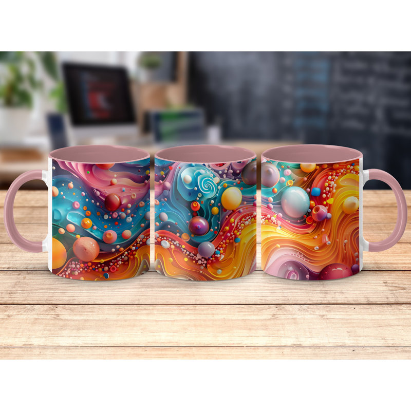Set of 2 3D Design 11oz Accent Mugs – Ceramic Coffee Cups with a Pink Handle and Interior