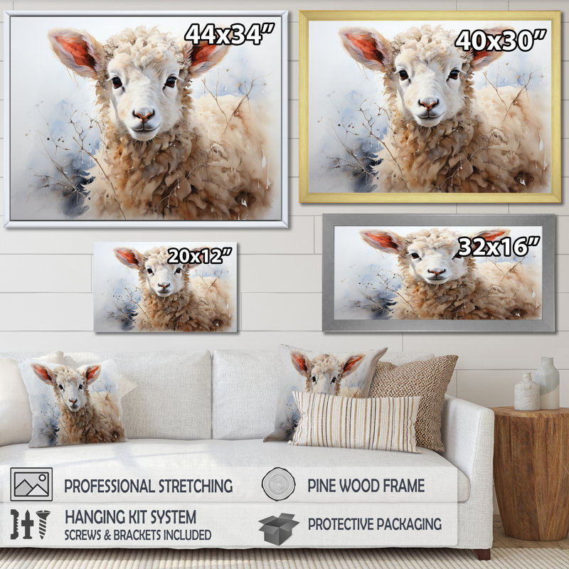 Mouton beige en hiver sur toile, Cadre photo blanc, H 30 po x l 40 po x P 1,5 po