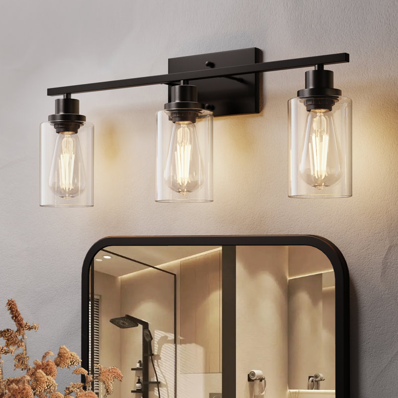 Éclairage de meuble-lavabo à intensité variable avec abat-jour en verre transparent Breeonna, Noir mat, 3