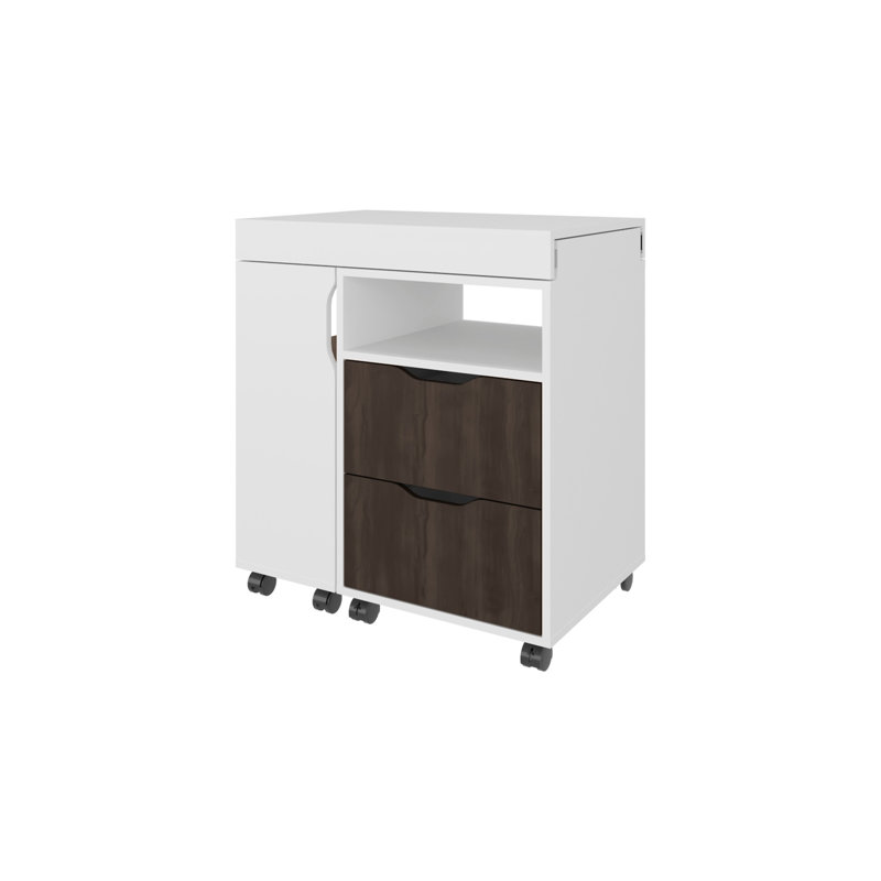 Bureau extensible Loris avec deux tiroirs, tablettes ouvertes et mécanisme coulissant