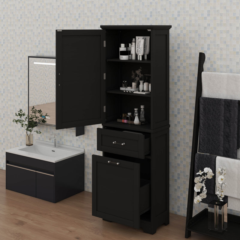 Towering Freestanding Bathroom Storage Cabinet With Two Drawers Of Different Sizes Adjustable Shelf And Painted Board, Black