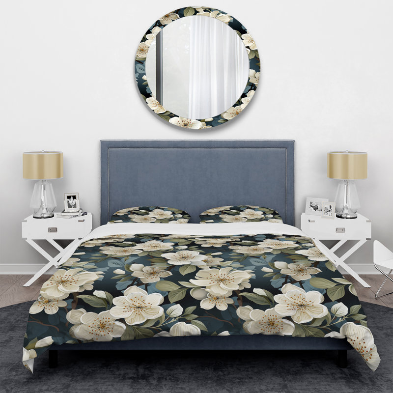 Literie orchidée grise et blanche, Housse de couette simple + 1 taie décorative stan