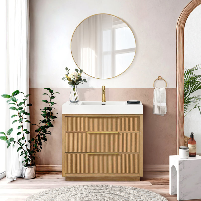 Grunwald 36" Single Bath Vanity in Washed Ash Grey with White Integrated Stone Sink Top
