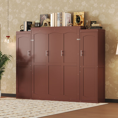 Lit escamotable double en noyer pleine grandeur avec 2 armoires et tablette de rangement - Lit plateforme pliable multifonctionnel pour chambre d'amis
