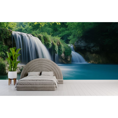 Murale cascade pour chambre à coucher - Papier peint inspiré de la nature, scène de forêt tranquille, grand, décoration murale