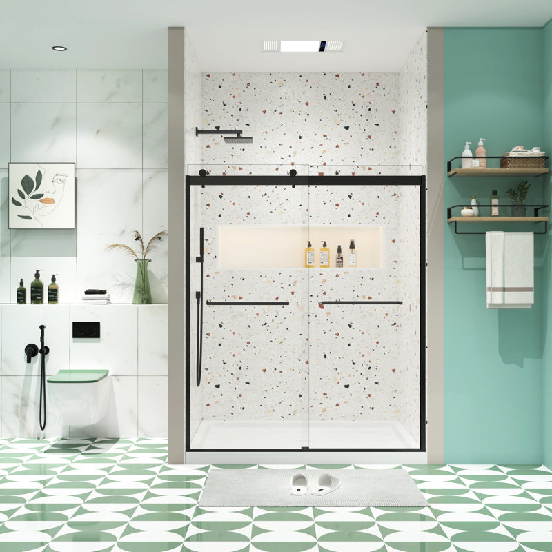 Porte de douche coulissante à dérivation, verre trempé transparent de 5/16 po, noir mat, Nano facile à nettoyer, fuite, finition noire d'installation, collision, poignée en acier inoxydable