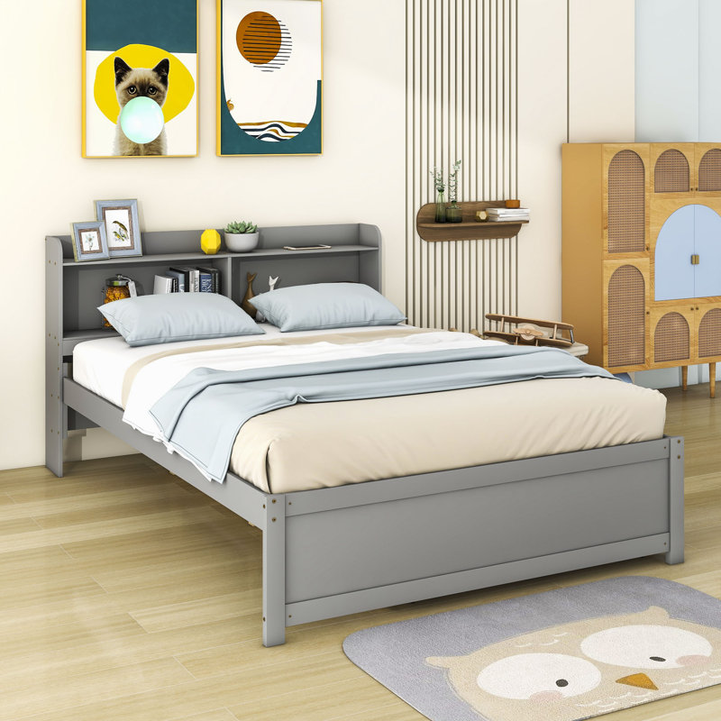 Platform Bed with Trundle and Storage Shelves, Gray, Full