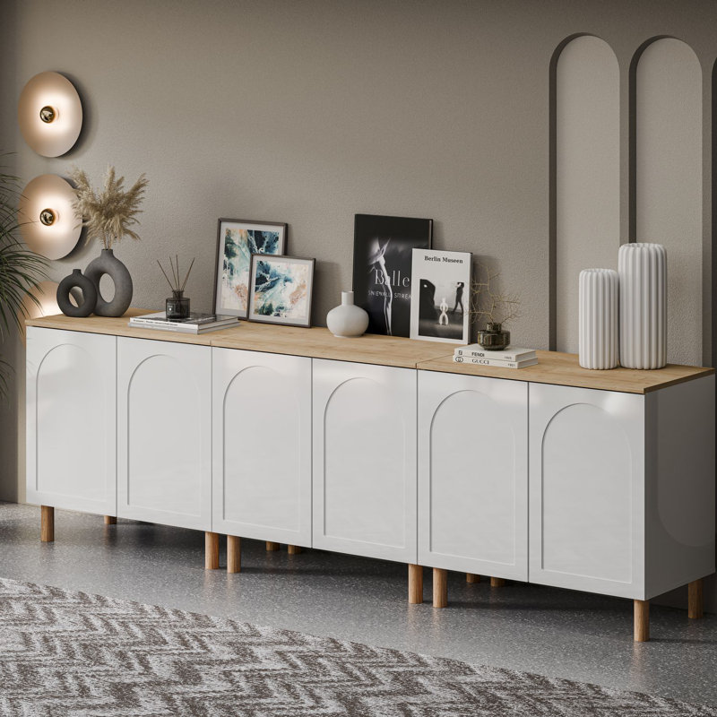 Bohem Sideboard with MDF Doors, White/Oak, 34" x 105" W x 20" D