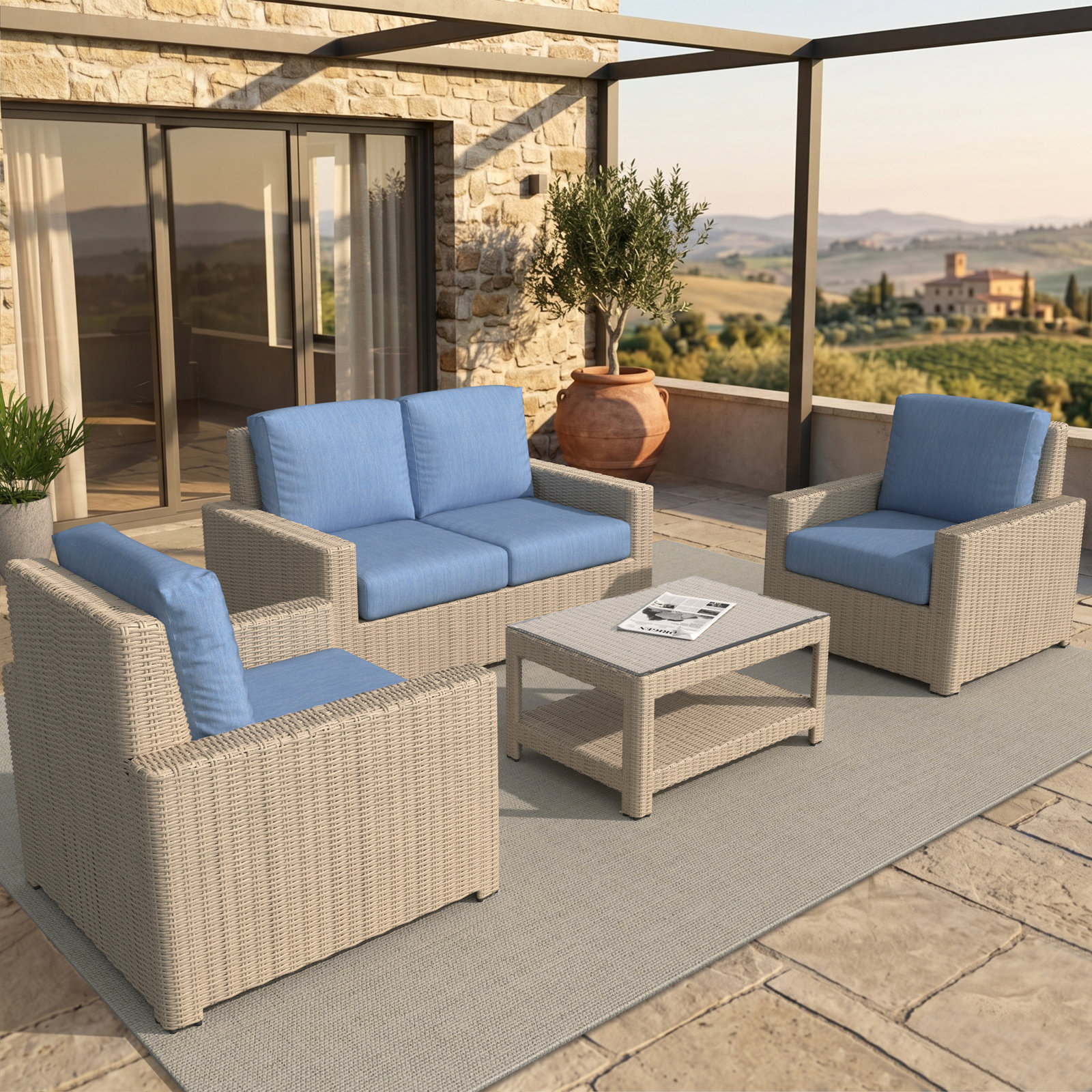 Henri 4-Person Sunbrella® Patio Seating Group, Sunbrella® Mira Celeste