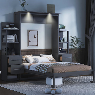 Lit double avec lumières à DEL et rangement, gris - Gain de place pour les pièces polyvalentes