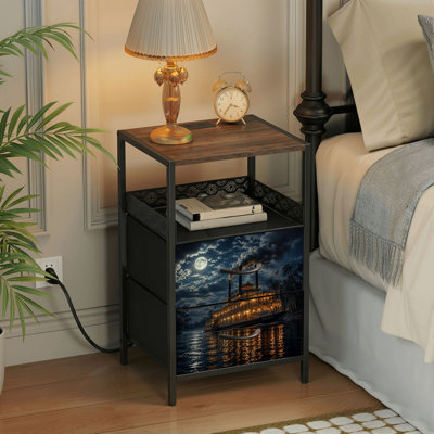 2 Drawers Nightstand with Charging Station, Bedroom Nightstand with USB Ports &amp; Outlets Open Shelf Black, night stand with Steamboat Misty River Dramatic Clouds Golden Reflections Print
