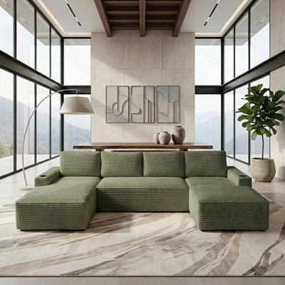 Canapé modulaire en velours côtelé 133,4 po en forme de U - Moderne et adapté au salon, confortable, canapé combiné au salon, canapé modulaire désossé, causeuse à vide, sans assemblage, vert