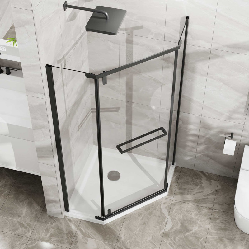 Frameless Shower Door with White Acrylic Shower Base, Black