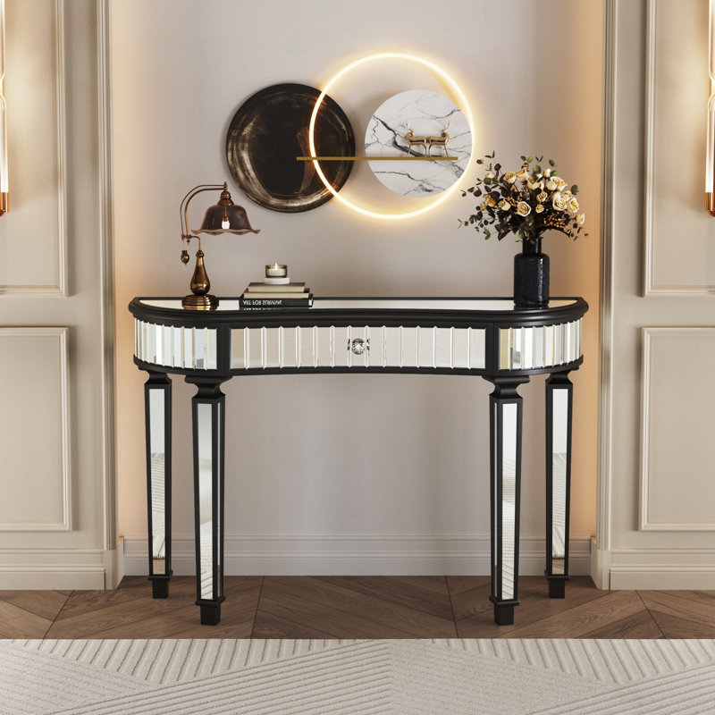 Console demi-lune à miroir en verre cannelé, Noir antique