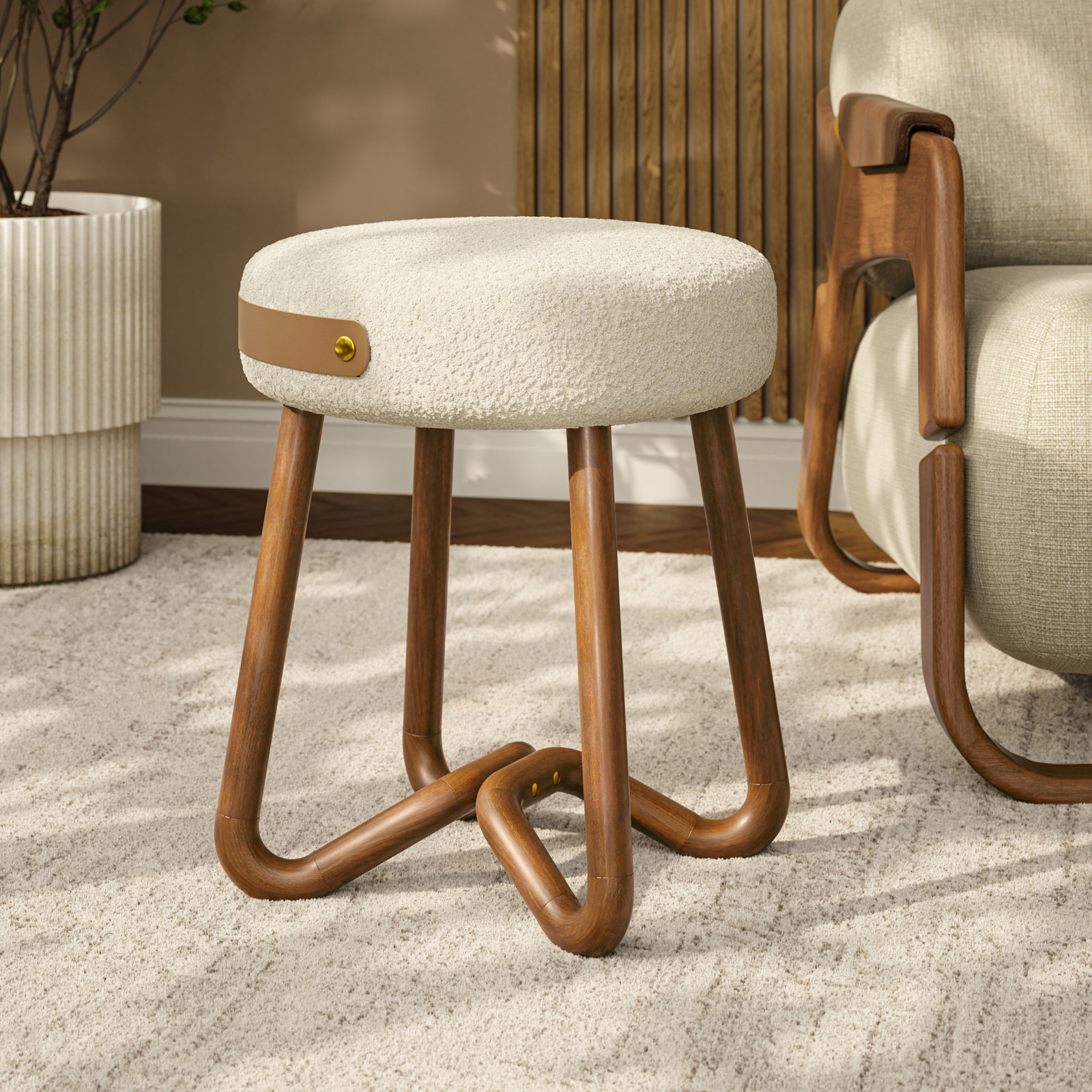 Cassie Loop Upholstered Stool, Noodles Natural/Nozes/Caramel