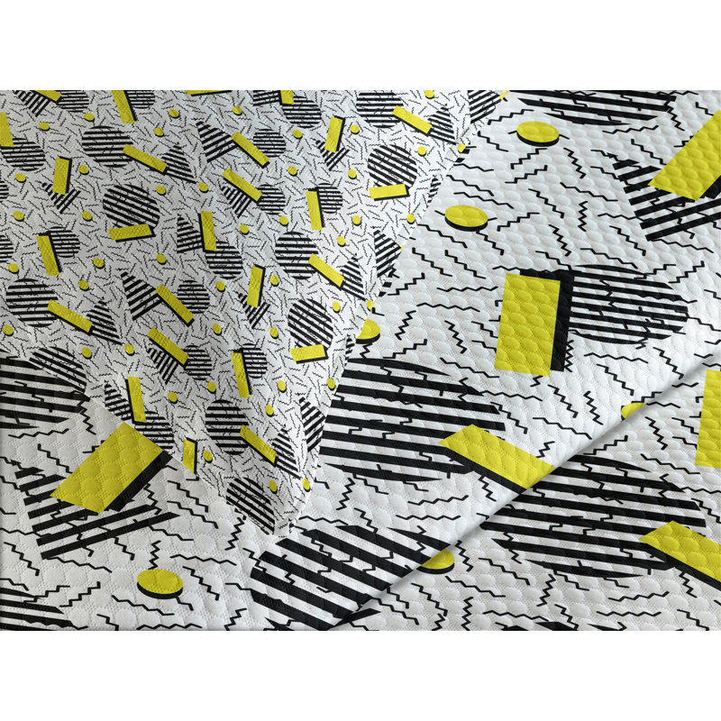 Ambesonne Geometric Bedspread Set Zigzag Chevron Circle Yellow Black White, King Bedspread + 2 Standard Shams