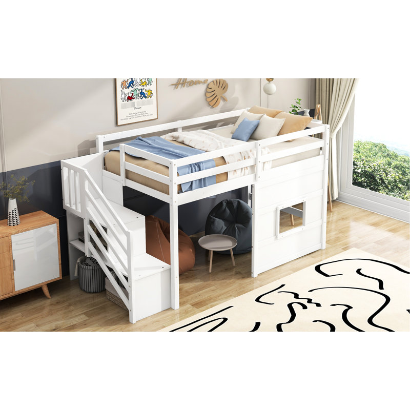 Twin Size Loft Bed With Storage And Window, White - Stable Wood Frame, Convenient Staircase, Mattress Playful Window Solution No Box Spring Needed For Space Saving