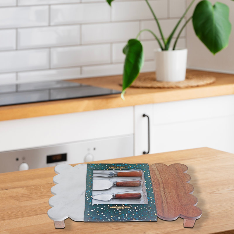 Plateau à fromage en bois d'acacia et marbre avec ensemble d'outils à fromage en acier inoxydable 3 pièces