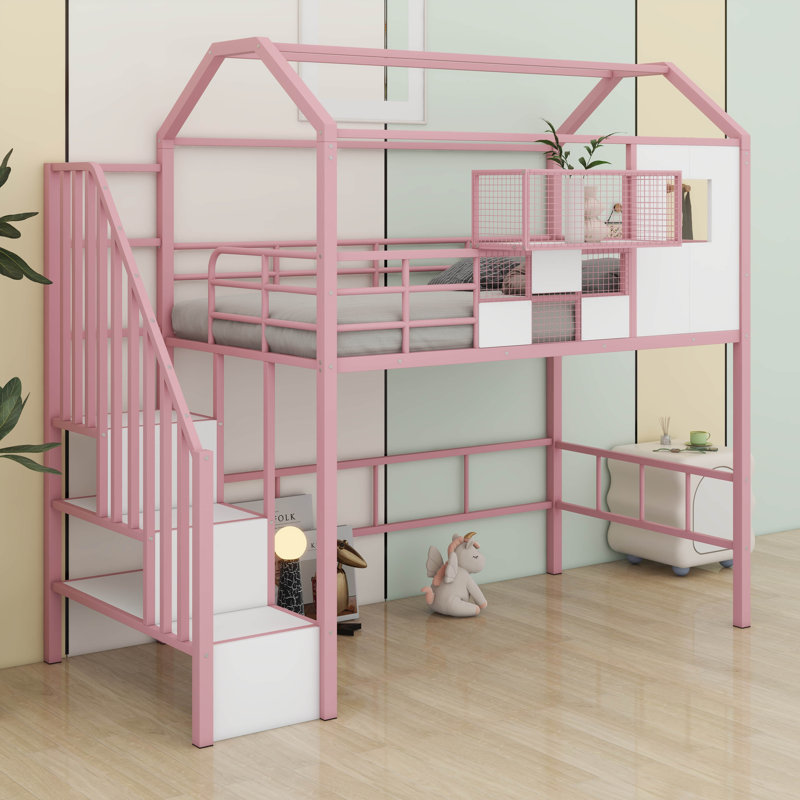 Twin Size Metal Loft Bed With Roof Design And A Storage Box, Pink