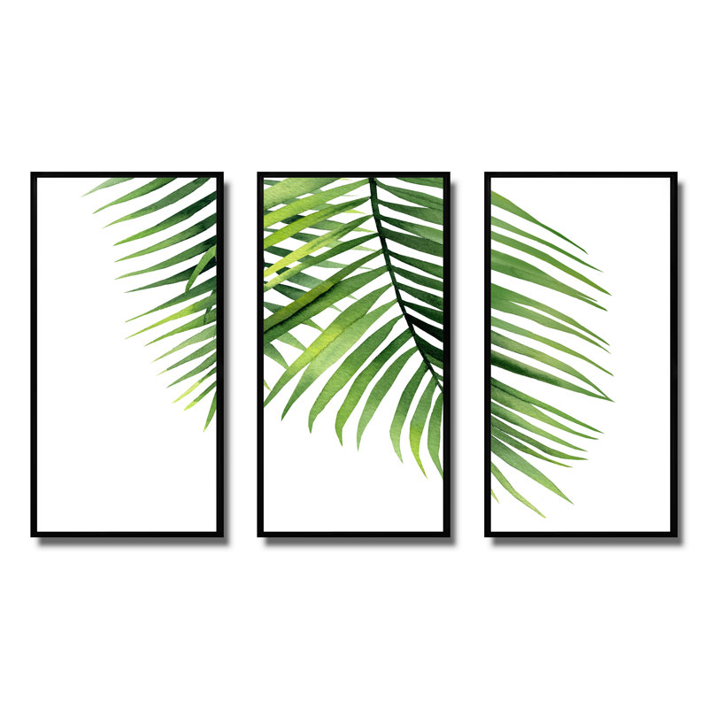 Détail de branches de palmier tropicales - peinture sur toile flottante 3 pièces, L 48 po x H 32 po, Cadre noir