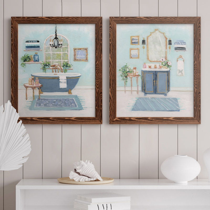 «Blue Bath I», peinture sur toile 2 pièces, H 31,5 po x l 23,5 po x P 1 po, Érable encadré