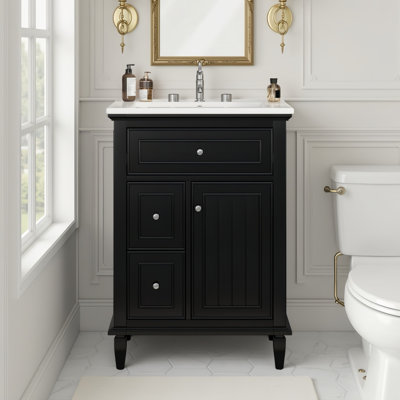 24"W Free-Standing Single Bathroom Vanity Set With Ceramic Sink, Solid Wood Frame, Storage Cabinet With Tip-Out Tray & 2 Drawers,2 Doors