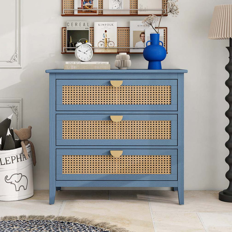 Rattan 3 Drawer Dresser Chset, Blue