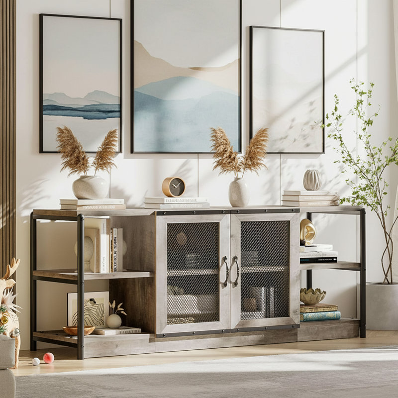Meuble télé Farmhouse, avec portes doubles en filet, Gris