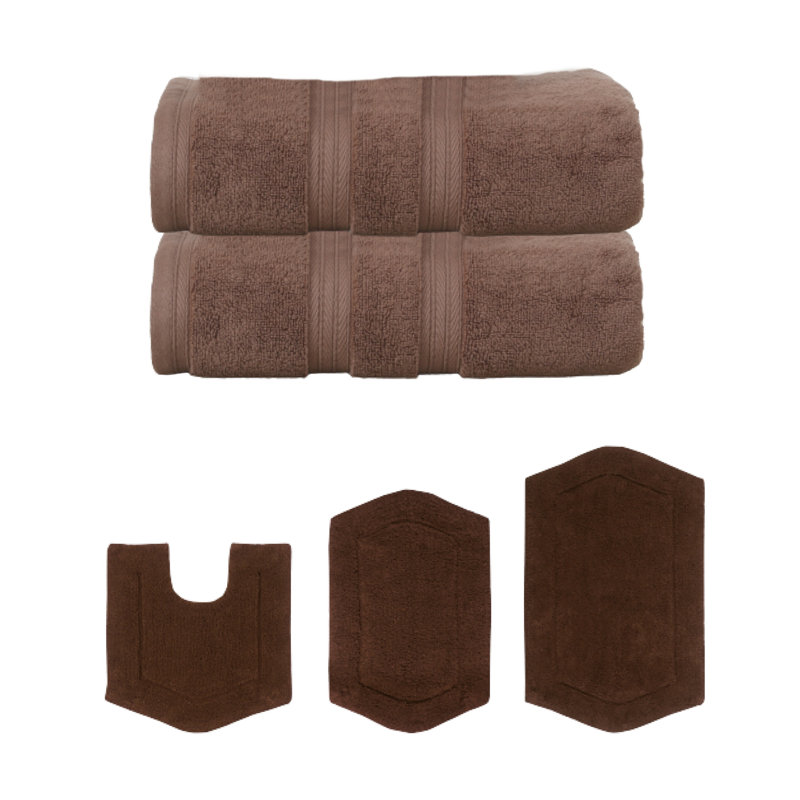 Bryd Collection 100% Soft Cotton 2 Pc Bath Towel Set & 3 Pc Bath Rug Set, (Set of 5), Chocolate