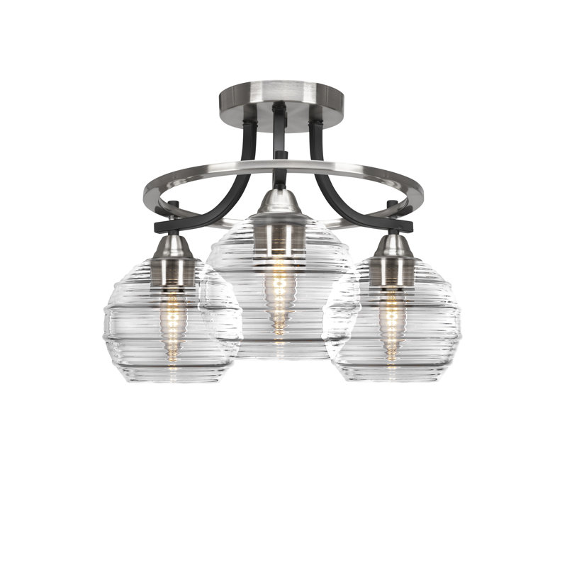 Gidja Paramount 3 Light Semi-Flush Shown In Brushed Nickel Finish With 6" Ribbed Glass, Matte Black/Brushed Nickel, Smoke