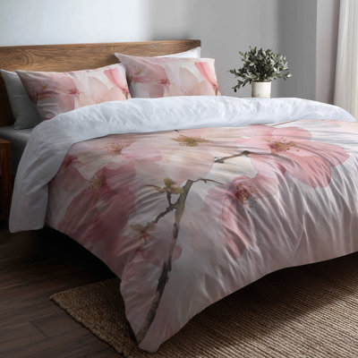 Spring Cherry Blossom Drift Bedding Set 3 Pcs - Pink Floral Duvet Cover With Shams