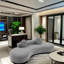 Canapé modulaire incurvé de 105,5 po avec 2 coussins décoratifs, canapé de salon rembourré de luxe moderne, aucun assemblage requis, rembourrage à haute résilience-1797258386