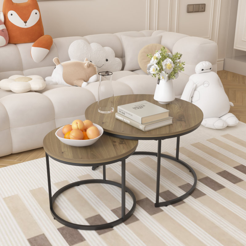 Ensemble de 2 tables basses gigognes de 70 cm (27,6 po), table basse ronde avec plateau en bois à motif de marbre et structure en métal, table d'appoint multifonctionnelle pour salon, chambre, balcon ou jardin, brun