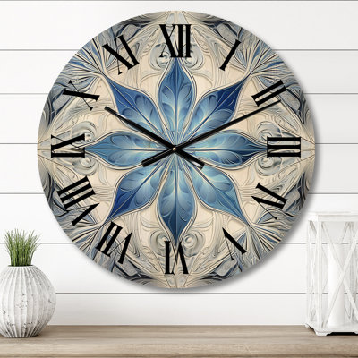 Turquoise And White Fractal Flowers I - Modern Geometric Oversized Wood Wall Clock
