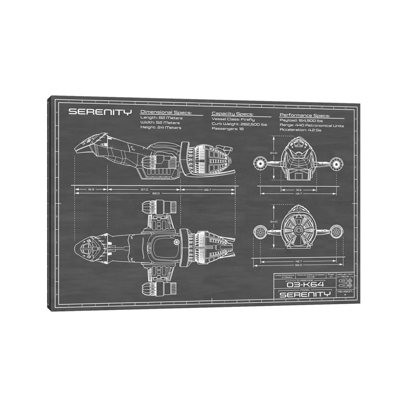 Serenity Firefly Spaceship | Black by Action Blueprints - Wrapped Canvas Print, 20.32 cm H x 30.48 cm W