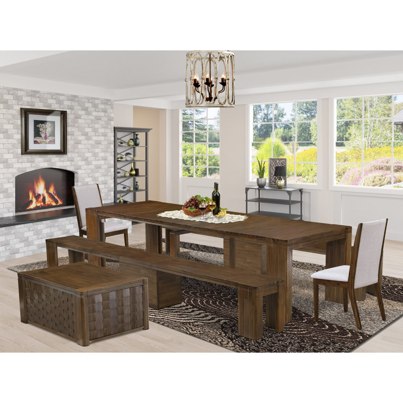 6 pc Modern Dining Table Set contains an Extendable Rectangle Kitchen Table, 1 Coffee Table, 2 Dining Chairs and 2 Modern Benches, Antique Walnut