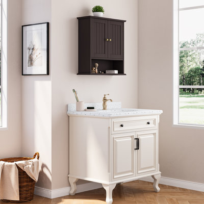 Armoire de rangement murale de salle de bain avec porte et tablettes ouvertes, organisateur d'armoire à pharmacie avec barre à serviettes