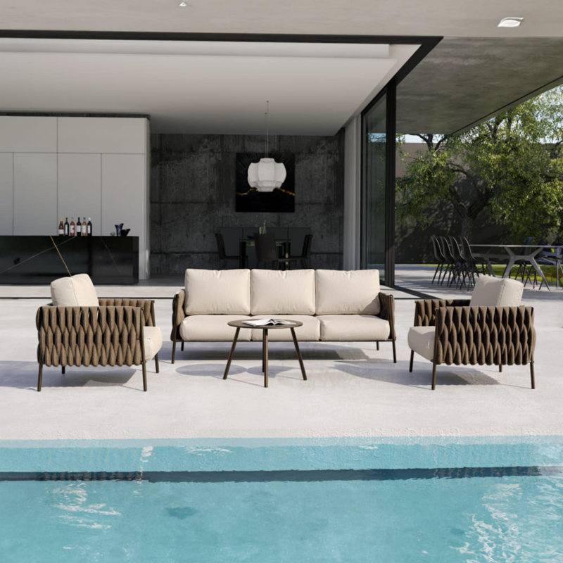 Ensemble de mobilier de patio pour 5 personnes avec table basse et coussin épais, Brun châtaigne, Crème abricot