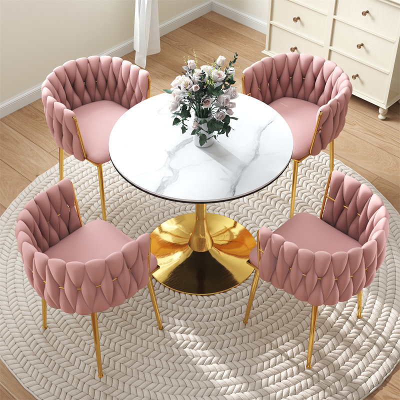 Ensemble de salle à manger à piédestal rond avec chaise tissée, 3, Rose