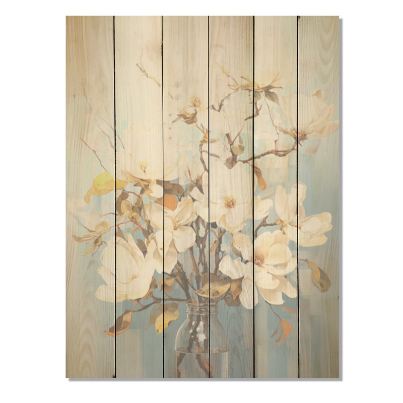 «Magnolias Melody I», art mural sur bois de pin naturel blanc et bleu, H 32 po x l 24 po