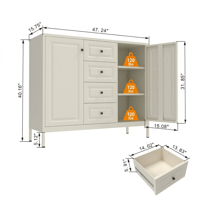 Buffet autoportant de 40,16 pouces avec 4 tiroirs, 2 portes et tablettes réglables, armoire décorative multifonctionnelle pour le salon, la cuisine, l'entrée, le couloir, la salle de lavage