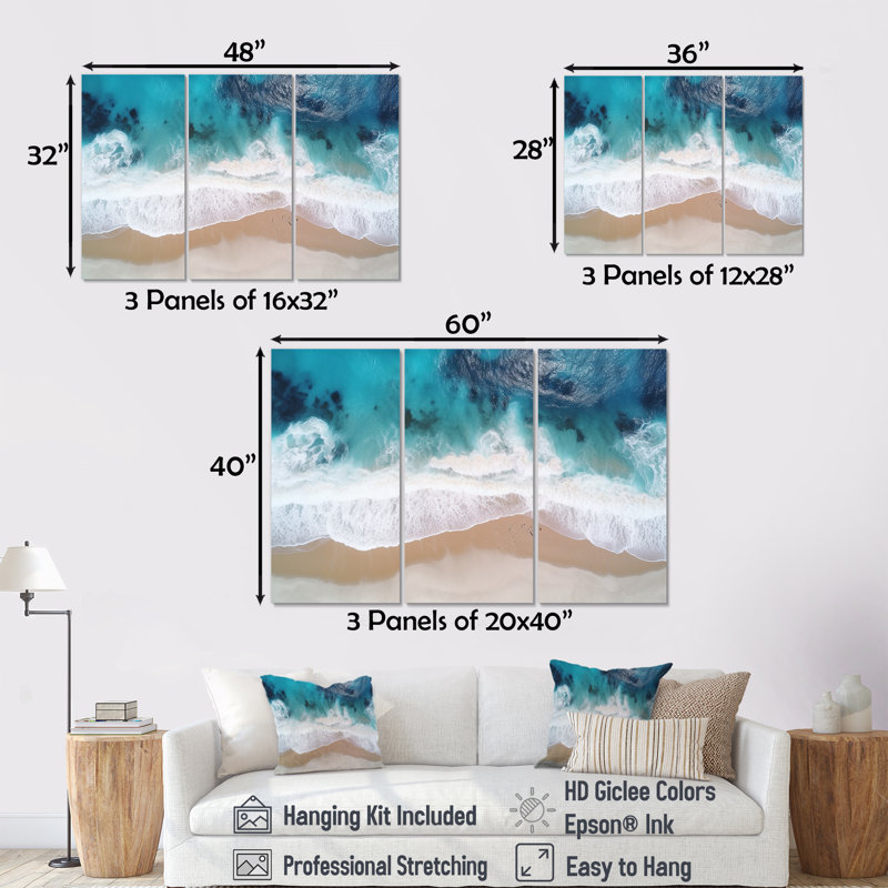 Vagues blanches et bleues vue aérienne II - plage, art mural, Toile tendue, H 32 po x l 48 po x P 1 po
