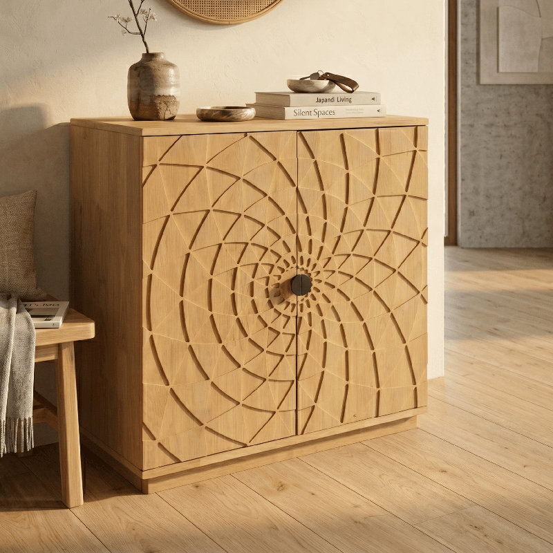 NTC BLOOM 2-Door Storage Cabinet, Solid Wood Designer Accent Cabinet with Hand-Carved Geometric Pattern Doors, Modular & Expandable Storage System for Living Room, Sand