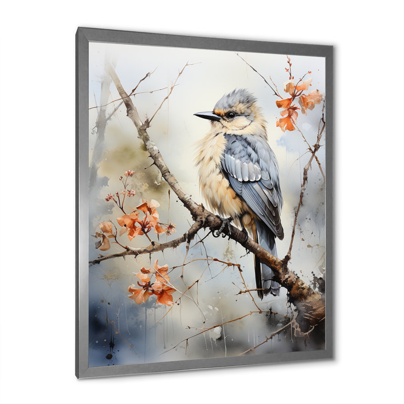 «Misty Blueray Bird On Branch I», reproduction sur toile, H 32 po x l 24 po x P 1 po, Cadre photo argenté