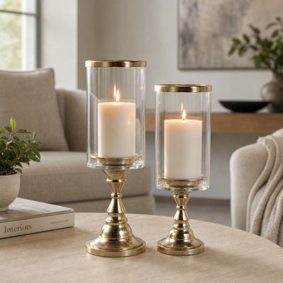 Decorative Glass Pillar Candle Holders with Metal Pedestal Base for Tabletop Decor - Modern Floor Accent for Entryway - Set of 2, 12",11", Gold & Clear