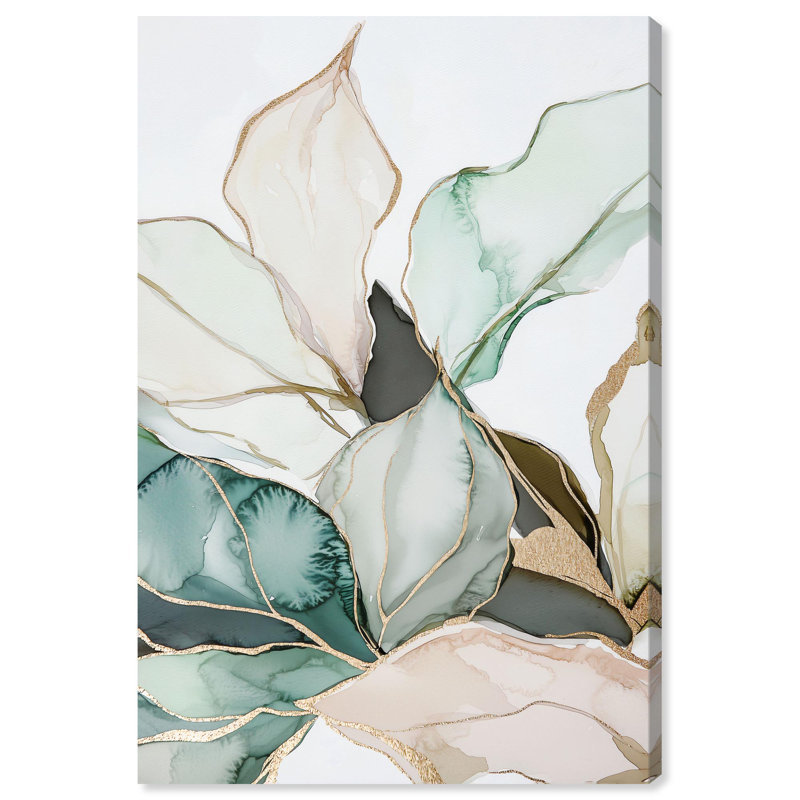 «Pastel Leaves with Gold III», art floral élégant par , H 15 po x l 10 po, Toile tendue