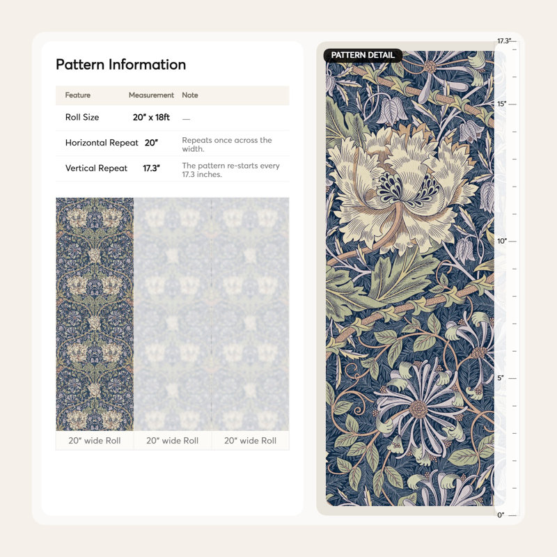 Papier peint à motif de treillis de chèvrefeuille William Morris Bryelle, Bleu